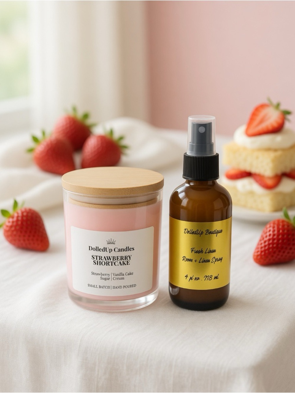 Strawberry Linen Sanctuary Set | Strawberry Shortcake Candle + 4oz Linen Spray - Picture 2 of 3